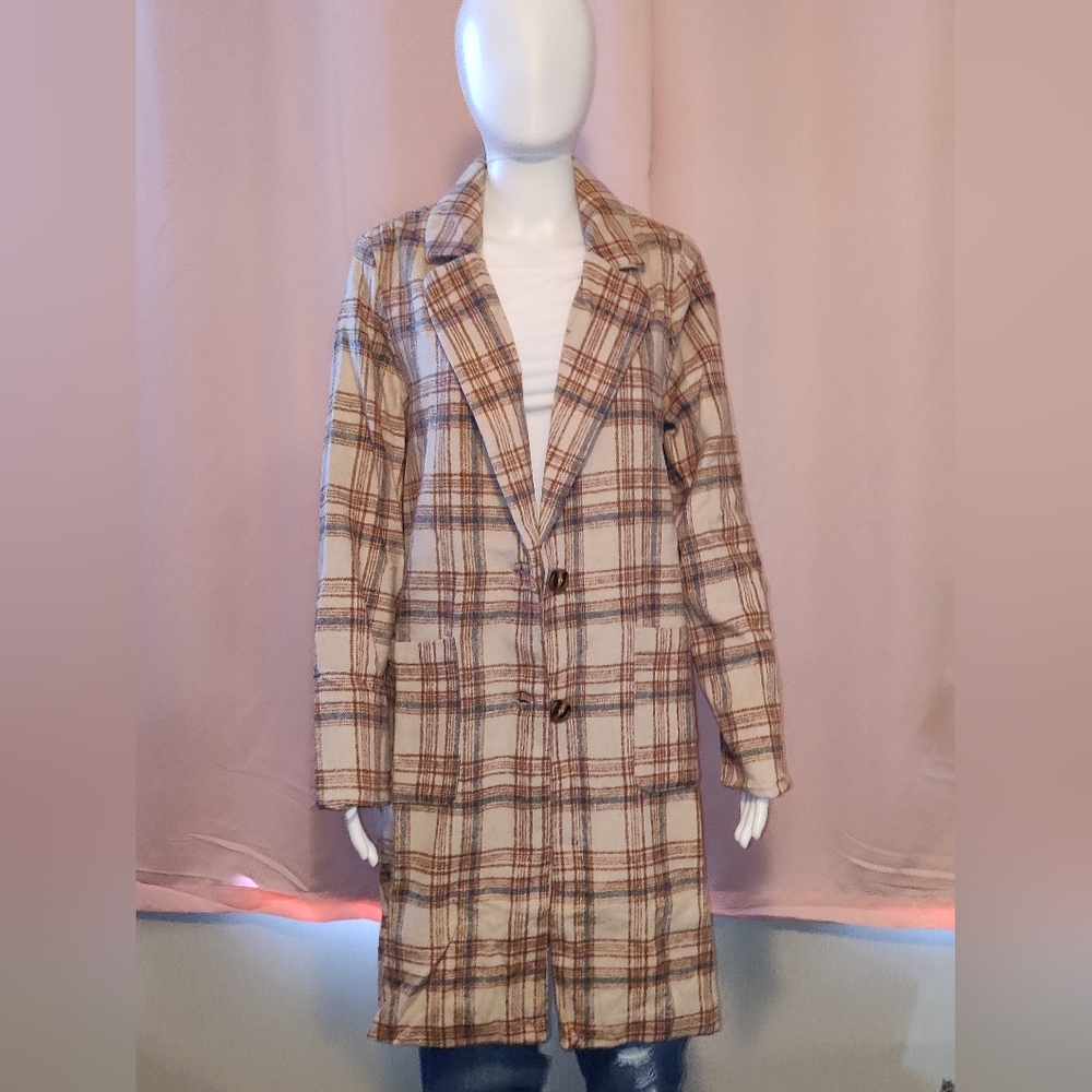 NWT  Plaid Notched Longline Coat